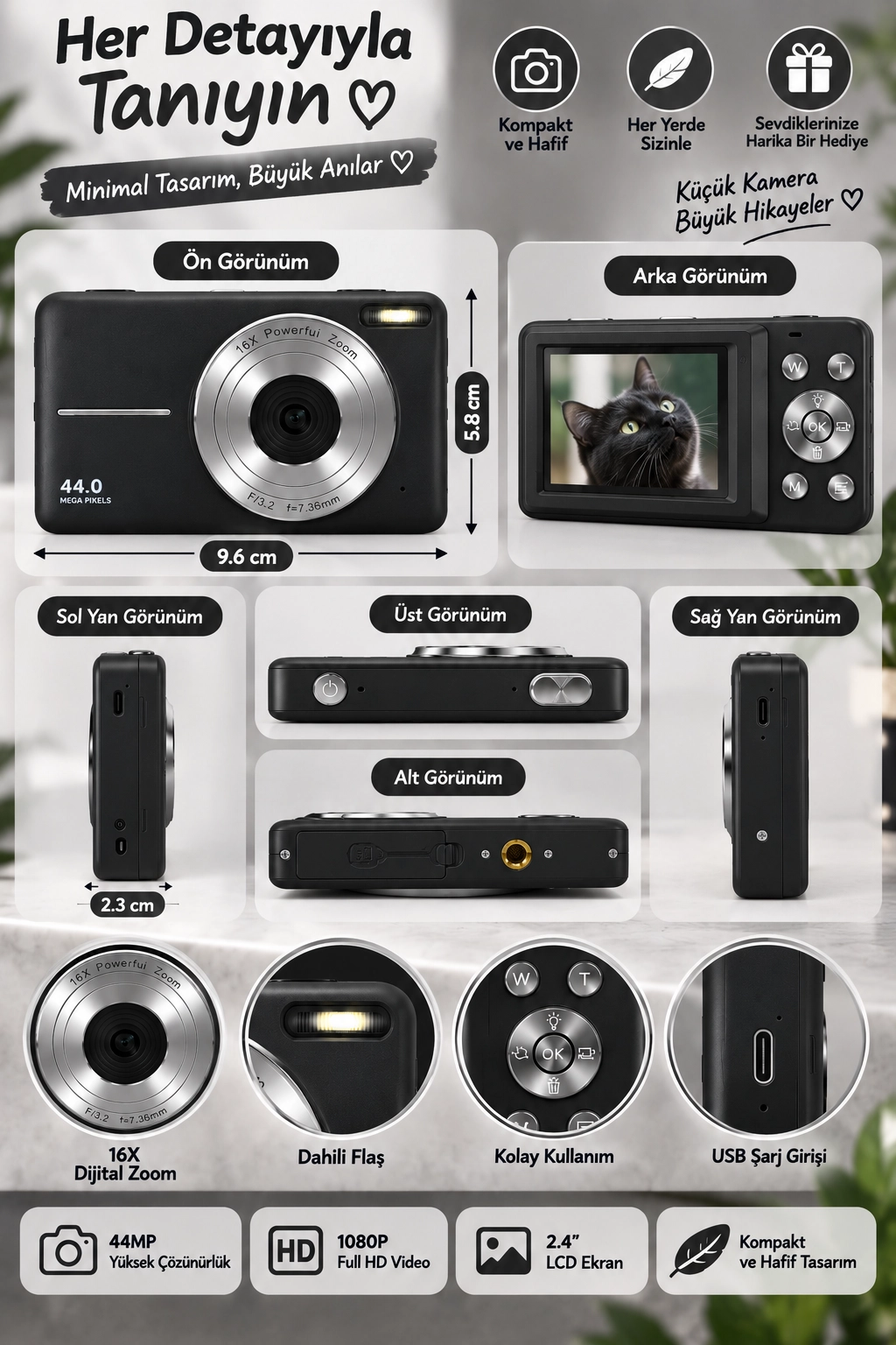 4K Figürlü Çantalı Dijital Video Kamera 44MP 16X Zoom Işıklı Kart Dijital Fotoğraf Makinesi 64gb Hafıza Kart Hediyeli siyah