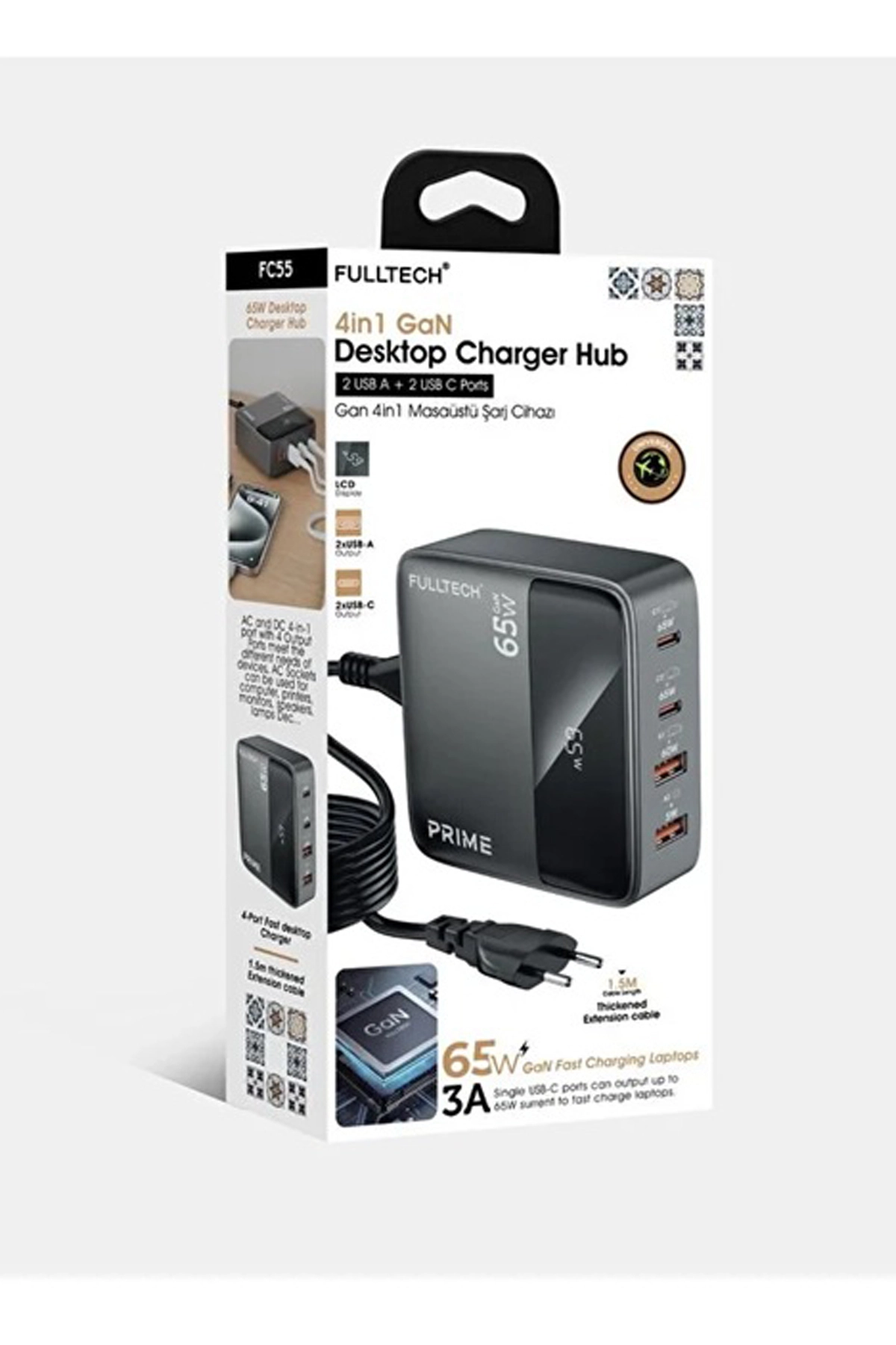 65W Masaüstü 4 Portlu Hızlı Şarj Cihazı İstasyonu 2xUSB-A, 2xTYPE-C Giriş,1,5 mt. Kablo