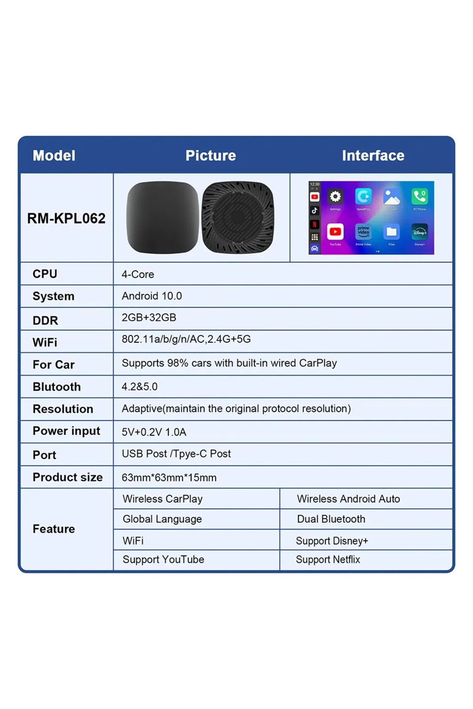 Wireless Carplay Android Araba 4 Çekirdekli Akıcı FullHd 1080P Wifi 2.4/5G 2GB/32Gb