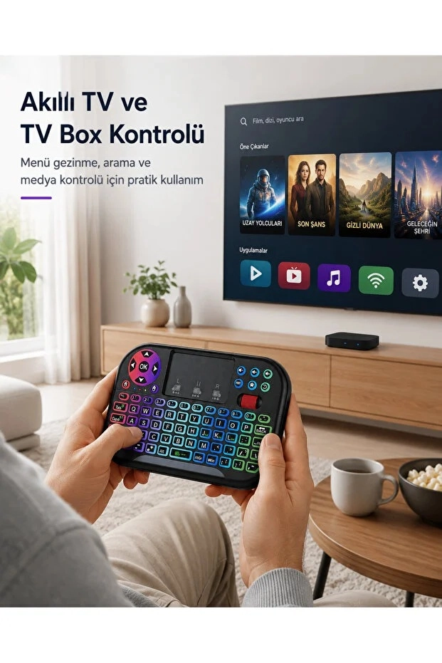 RGB Işıklı Mini Kablosuz Klavye Touchpad Combo, Bluetooth ve 2.4G Smart TV Kumandası