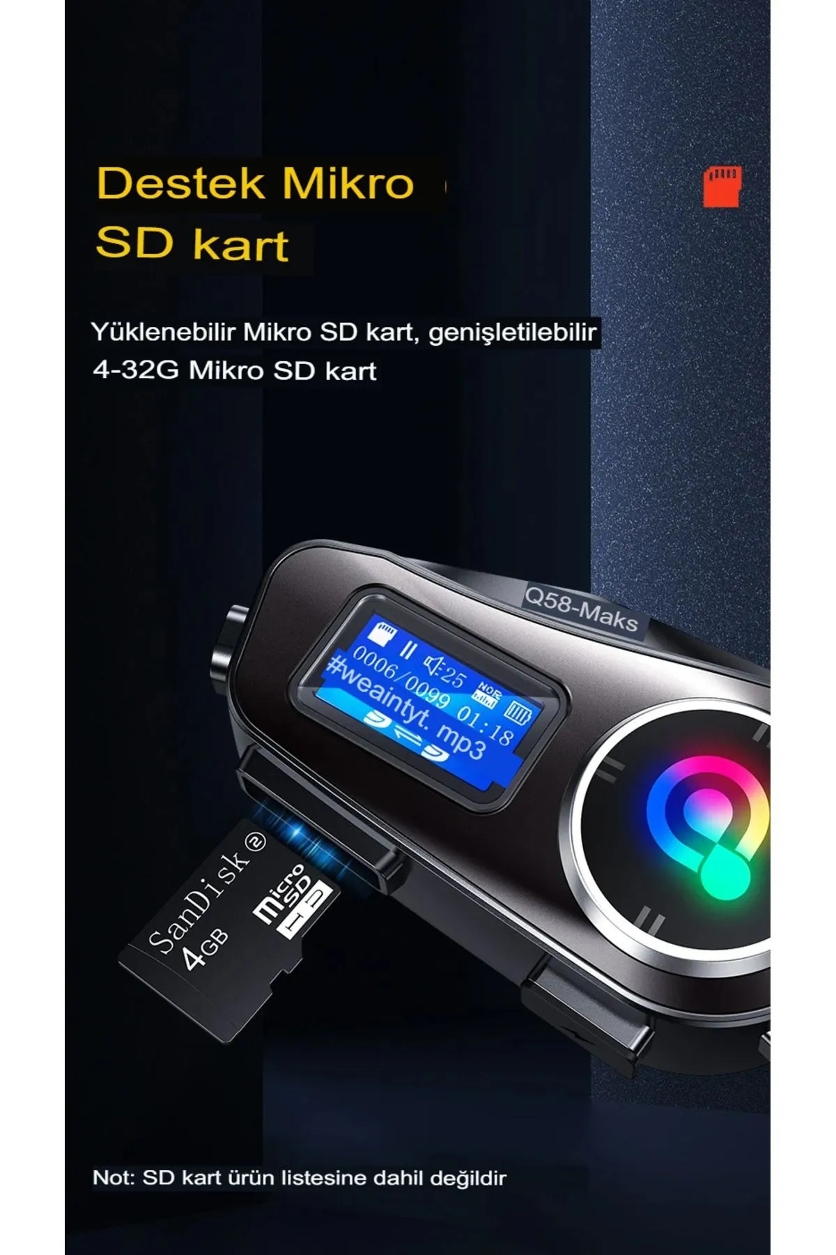 Q58-MAX Radyolu 2 Kişi Bağlantılı Bluetooth Kask Kulaklık Ekranlı Fenerli Müzik ve Telsiz Intercom