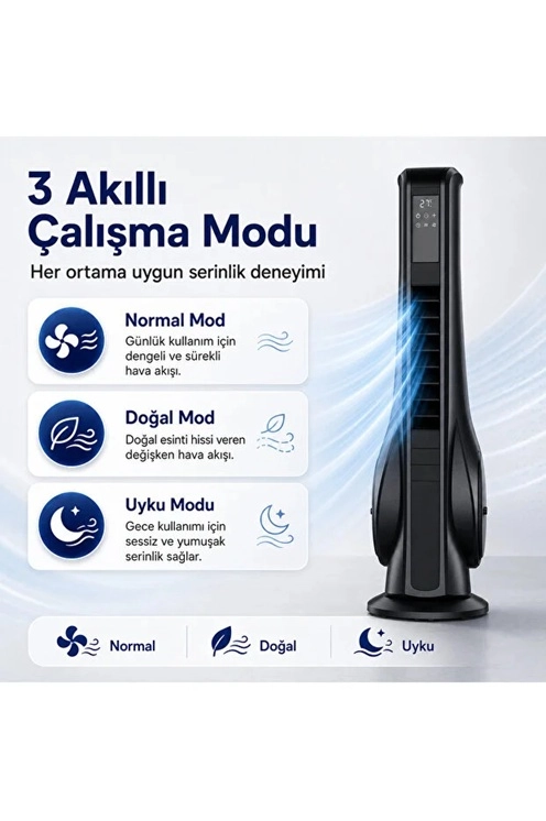 Turbo Smart Akıllı Fan Led Ekranlı Kumandalı 90° Hareketli Serinletici Soğutucu Kule tipi Vantilatör