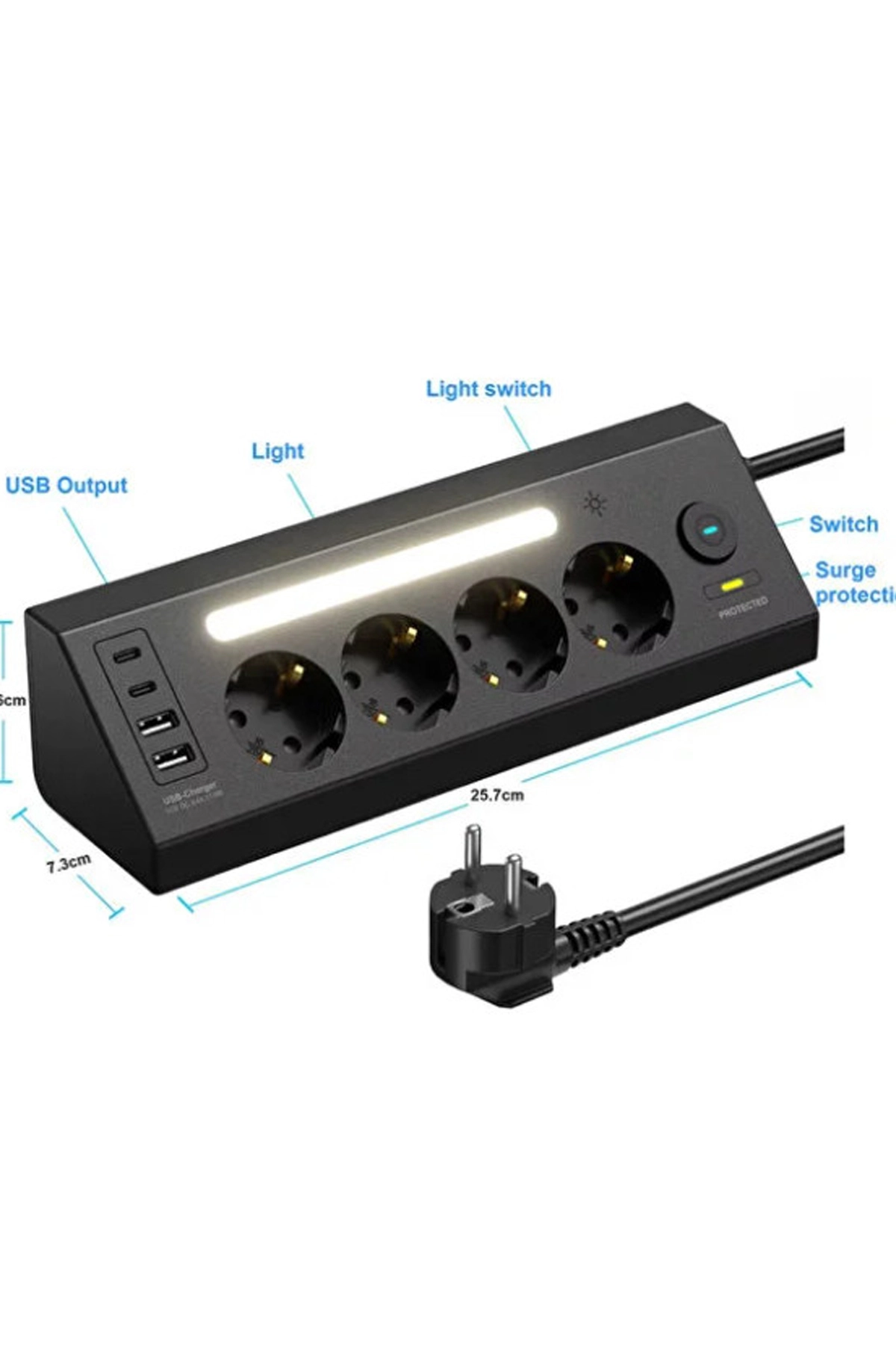 LP764 Çoklu Gece Lambalı Priz Yüksek Gerilim Korumalı 4’LÜ Priz 2XUSB 2XType-C Çıkışlı Grup Priz Çoğaltıcı