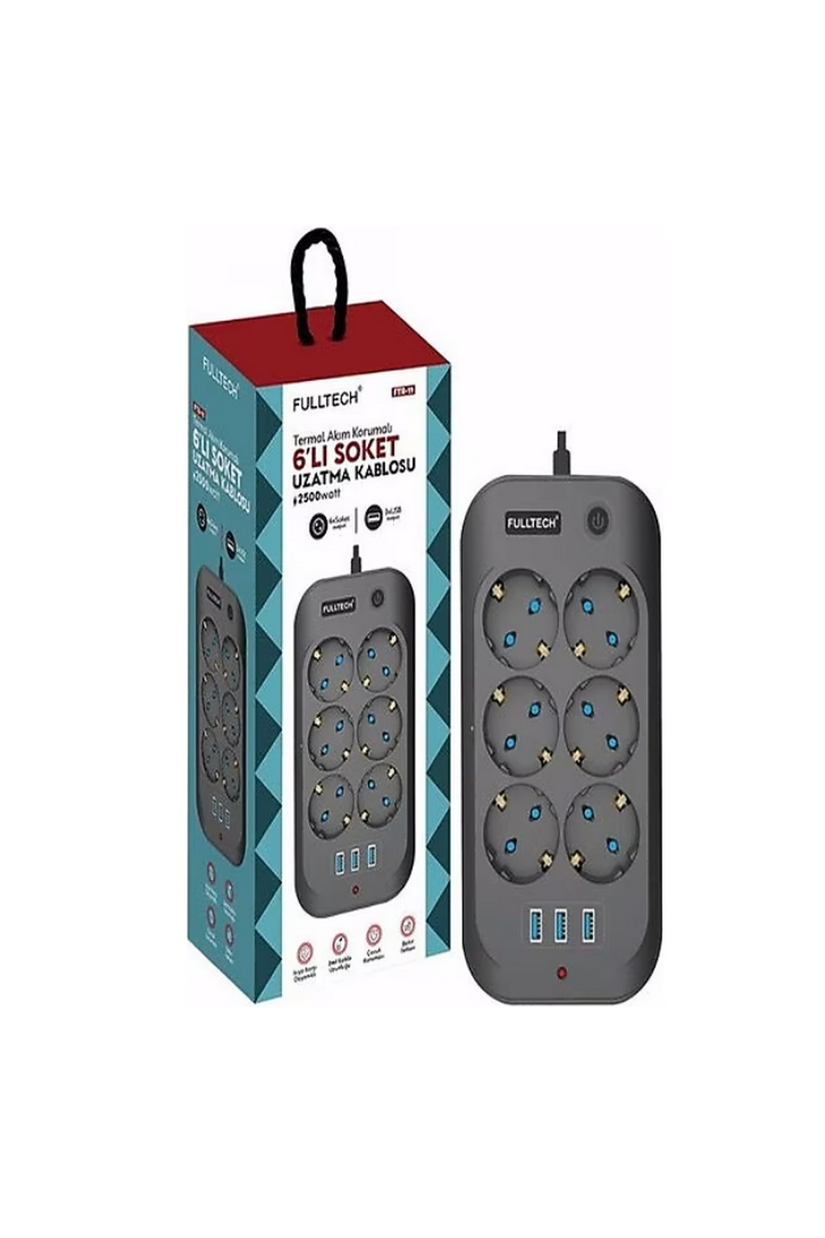 Fulltech Termal Akım Korumalı, Çocuk Korumalı, 6’lı 2 Mt Uzatma Kablosu 6 X Priz, 3 X Usb