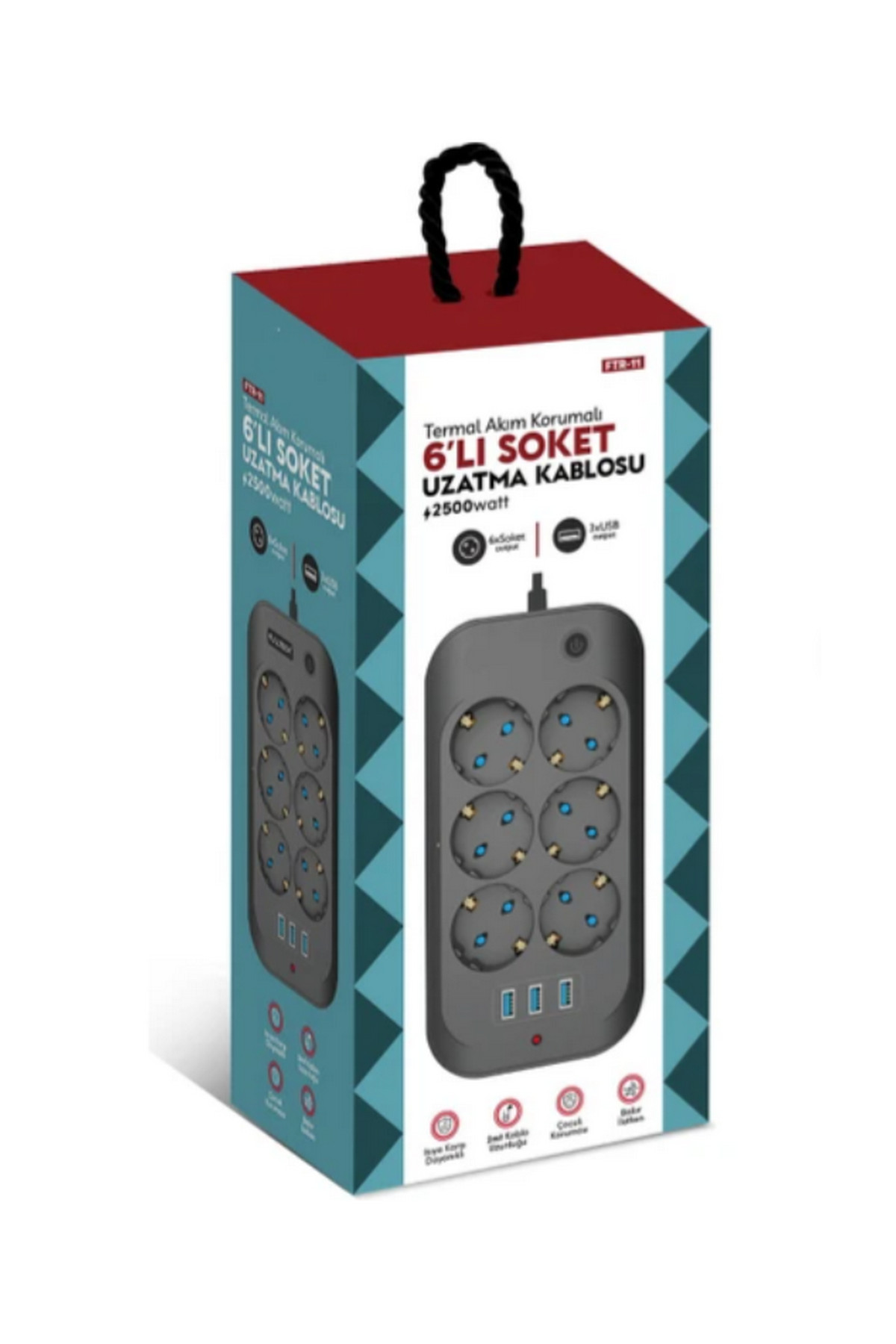 Fulltech Termal Akım Korumalı, Çocuk Korumalı, 6’lı 2 Mt Uzatma Kablosu 6 X Priz, 3 X Usb