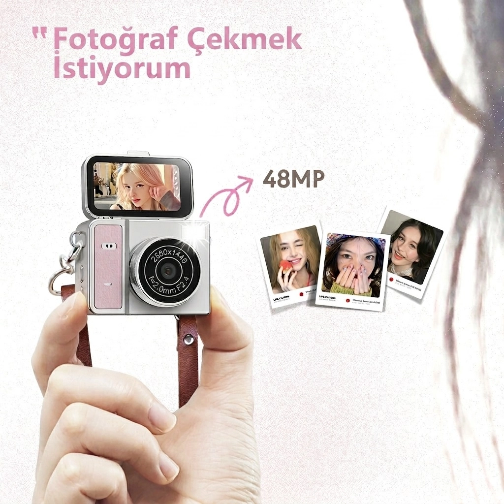 2K Mini Dijital Retro Video Kamera Flaşlı Dijital Vlog Mini Fotoğraf Makinesi Türkçe Menü Yeşil