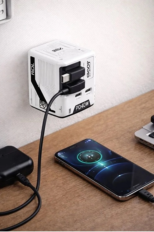 GaN+ PD 40W Hızlı Şarj Adaptörü Çoklu Çıkış USB-C Lightning Kablolu Hızlı Şarj Cihazı Ev Ofis Uyumlu siyah 