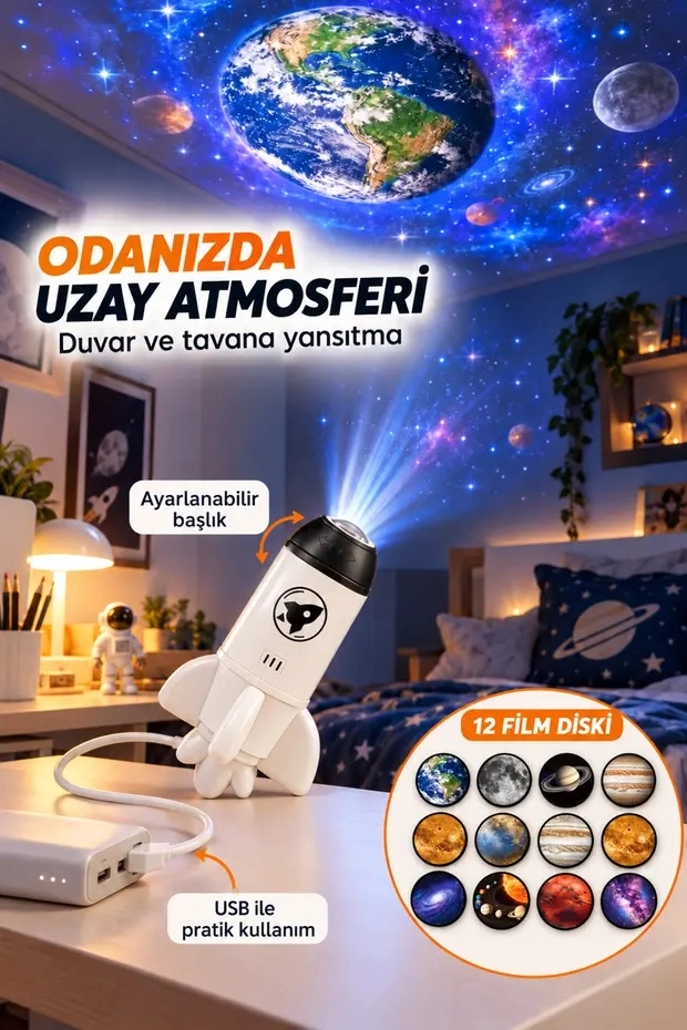 12 Film Diskli Roket Galaksi Projektörü USB Tak Çalıştır Uzay ve Gezegen Projeksiyon Gece Lambası