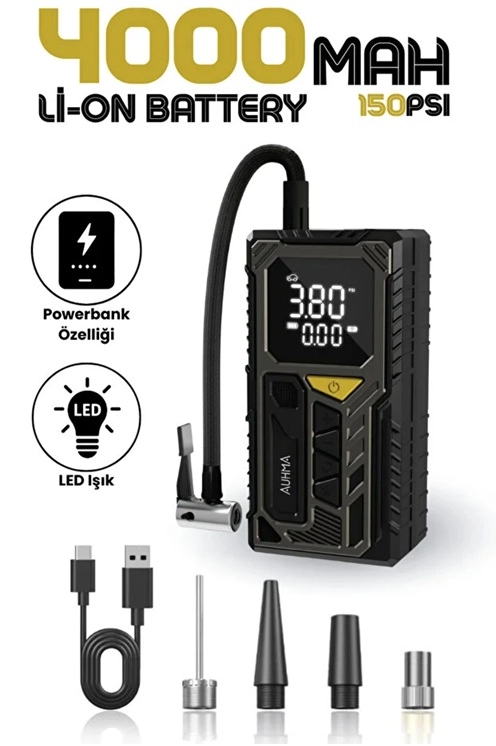 4000mAh Hava Kompresörü Powerbank Özellikli Kompresör Araba Bisiklet Top Lastik Şişirme Pompası