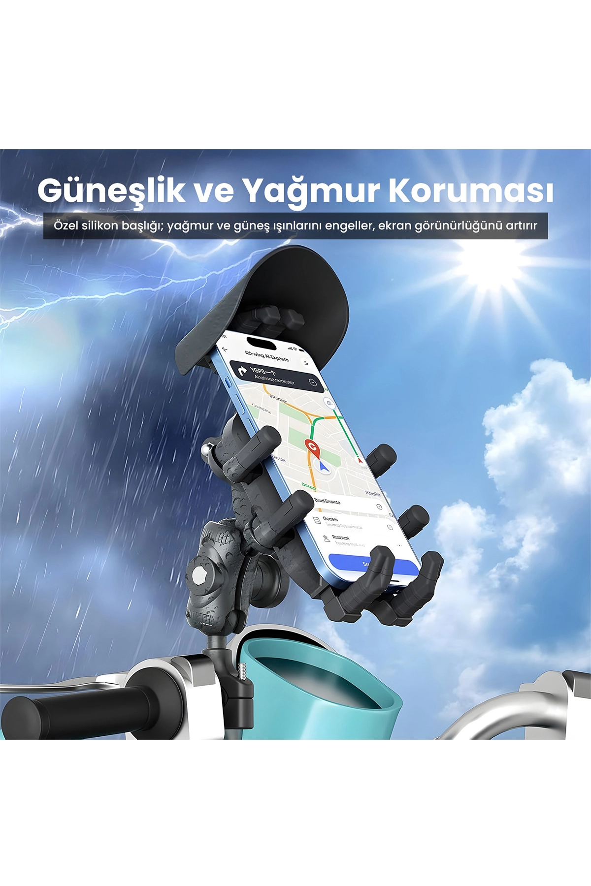 Gidon Bağlantılı Güneş ve Yağmur Korumalı 360° Derece Ayarlanabilir Motosiklet Bisiklet Telefon Tutucu