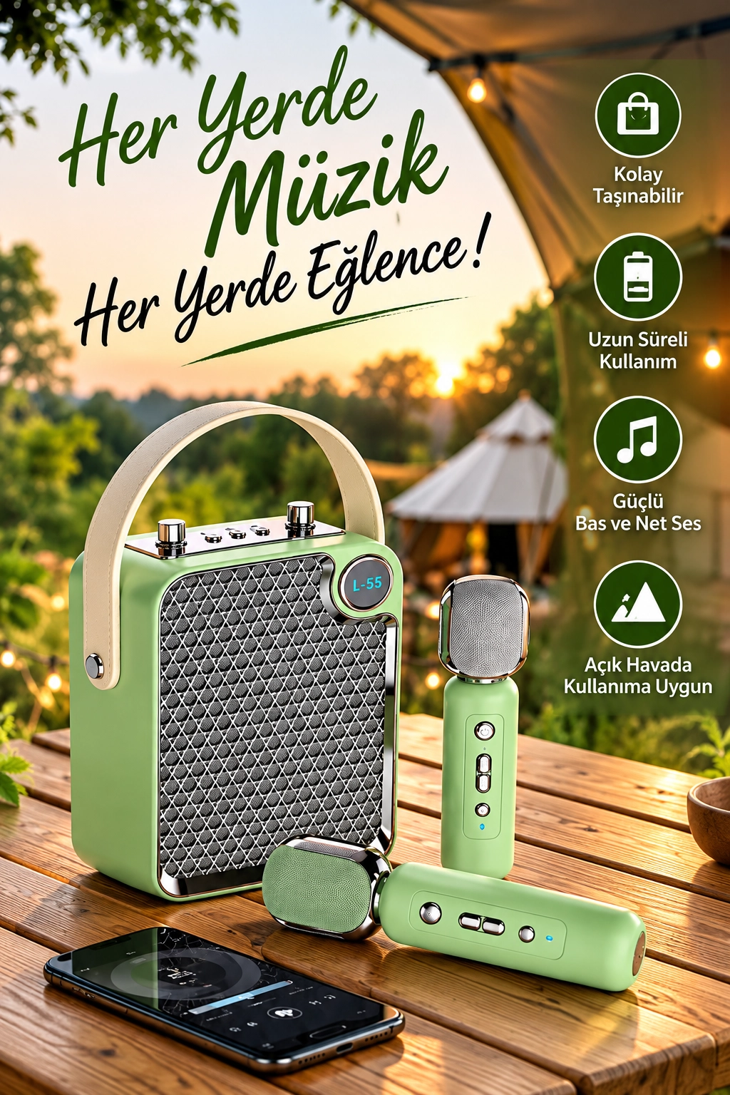 Bluetooth Karaoke Hoparlör 2 Mikrofonlu Taşınabilir Şarjlı Müzik Seti Ses Değiştirme Özl yeşil