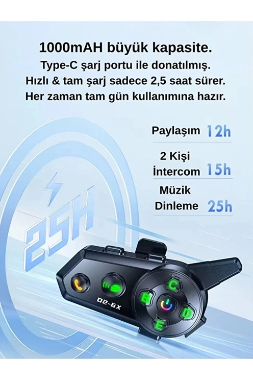 D2-6X 1000M Mesafeli 6 Kanallı İntercom Bluetooth Motosiklet Kask Kulaklığı İntercom Kulaklık