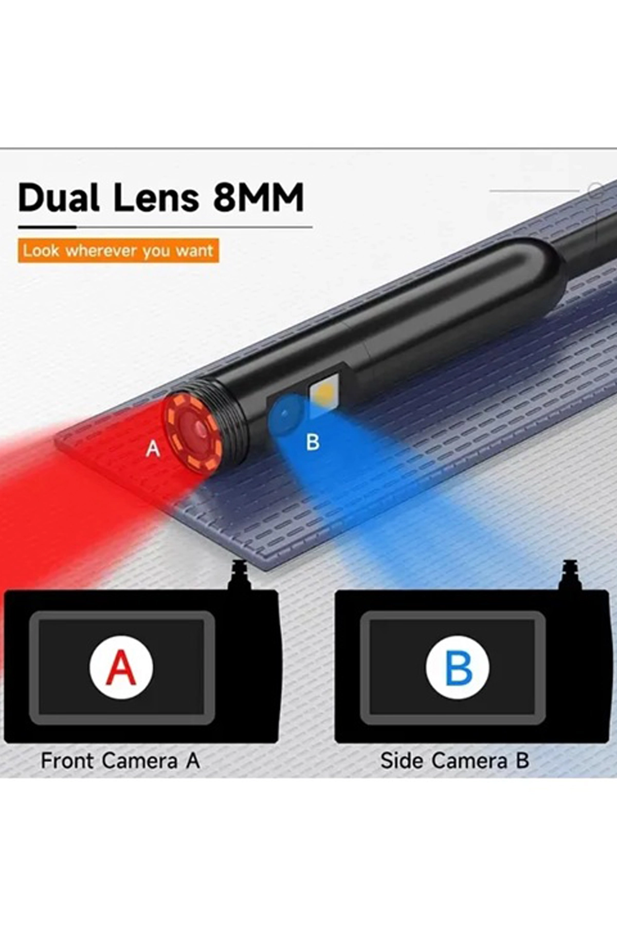 Ekranlı Üç kameralı Çantalı 20 Metre Sert Kablo Yılan Endoskop Kamera 8 mm 4.3 ınc