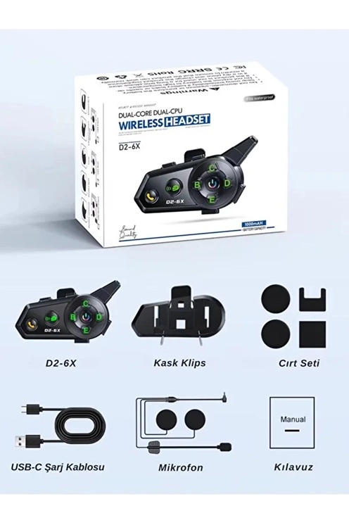 D2-6X 1000M Mesafeli 6 Kanallı İntercom Bluetooth Motosiklet Kask Kulaklığı İntercom Kulaklık