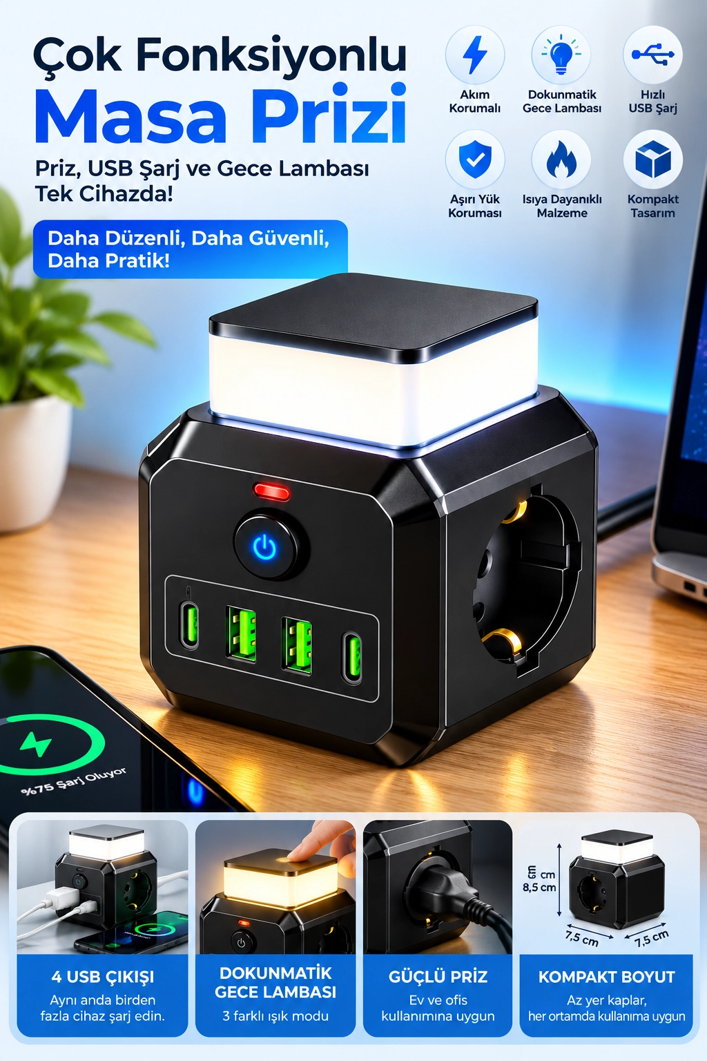Akım Korumalı 3’lü Priz 2200W 1050J 10A Gece Lambalı 2 USB 2 Type-C Şarj Girişli Bsp-4