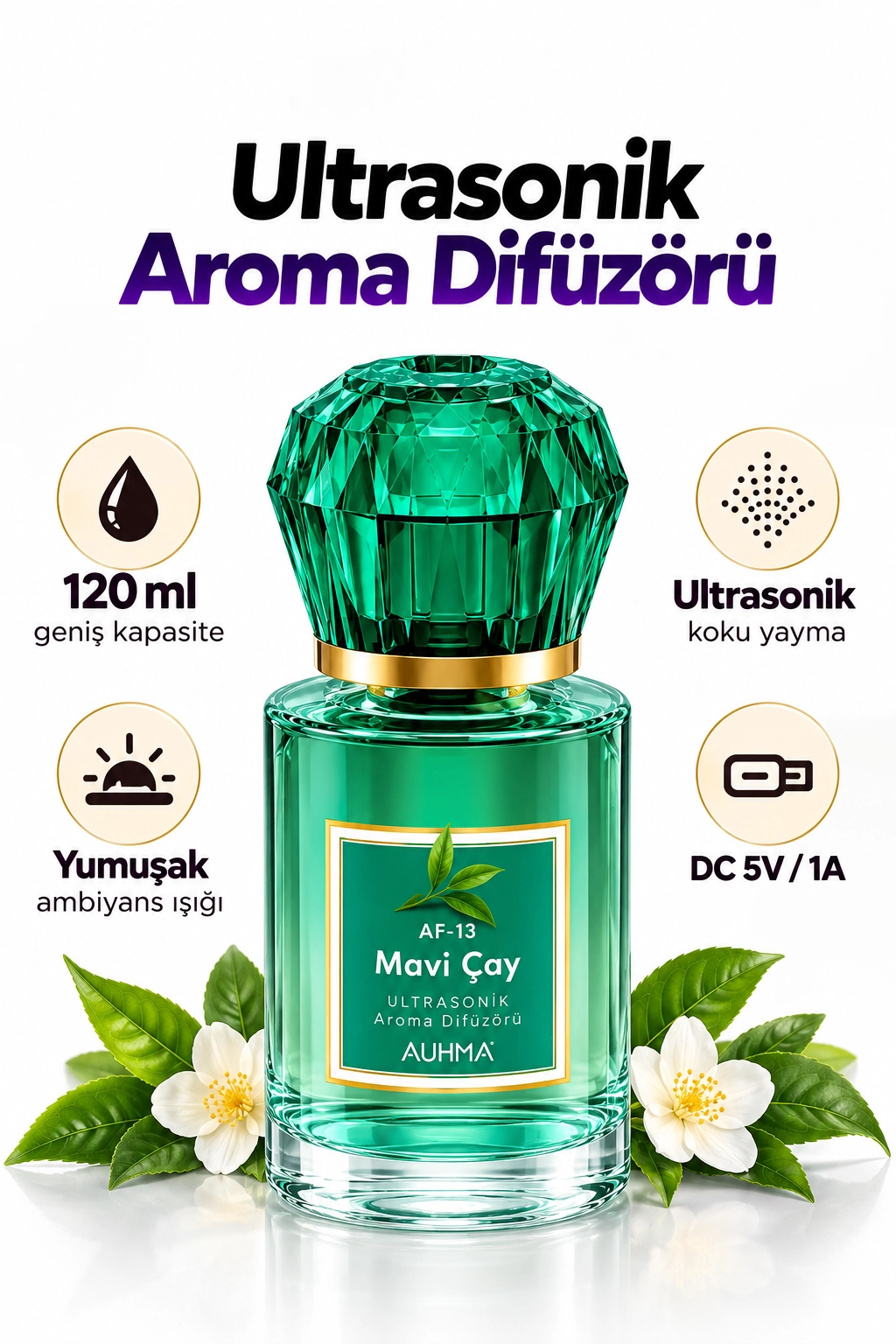 Ultrasonik Aroma Difüzörü 120 ML Mavi Çay Kokulu LED Işıklı Araç ve Oda Kokusu