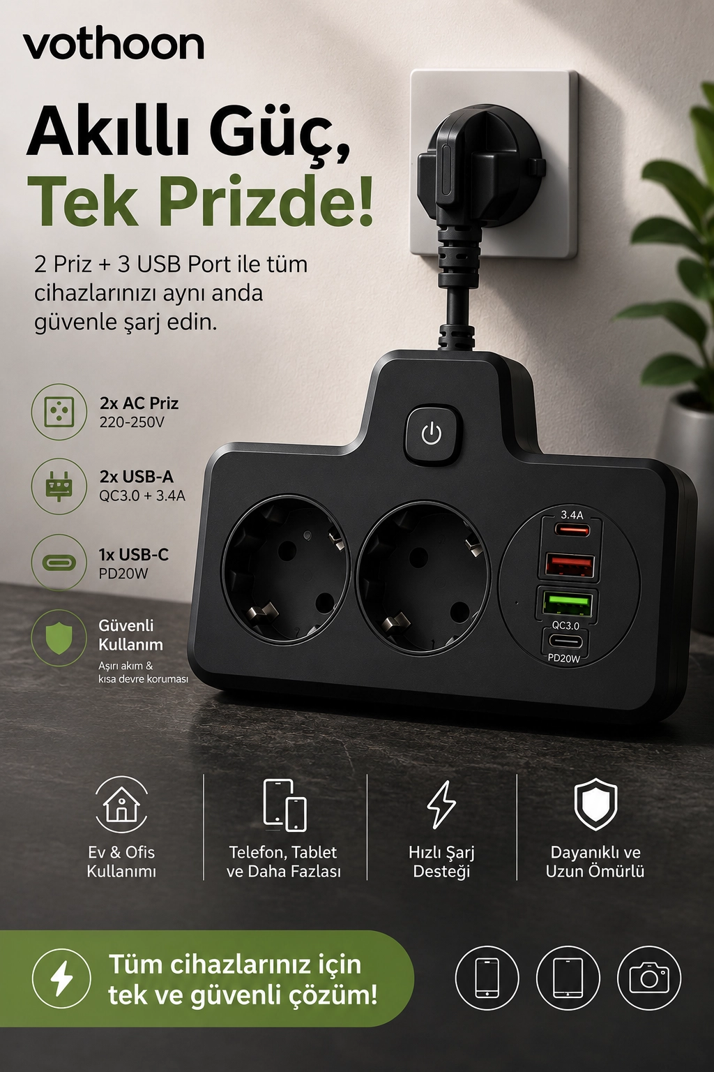 Bkl-502 Akım Korumalı 2Li Priz 2 USB ve 2 Type-C Çıkış 4000W Hızlı Şarj Duvar Tipi Dokunmatik Led Aydınlatmalı