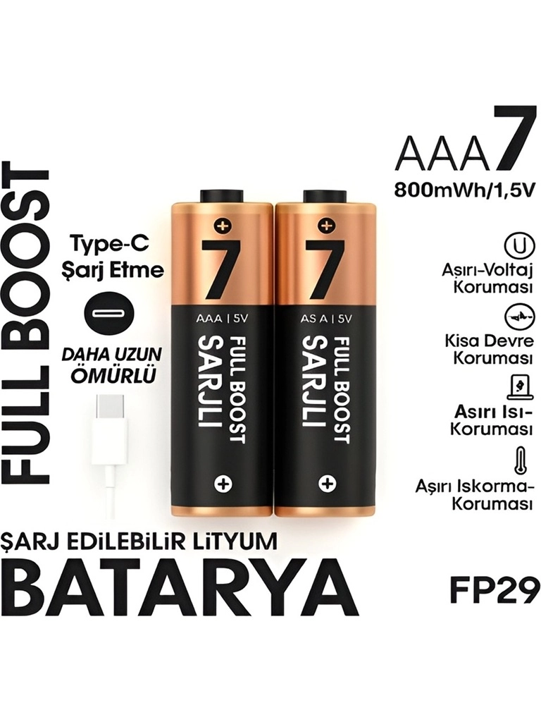 Type-C Şarjlı 800MWH 1.5V Şarj Edilebilir 2’li AAA İnce Pil - Lityum Iyon Batarya