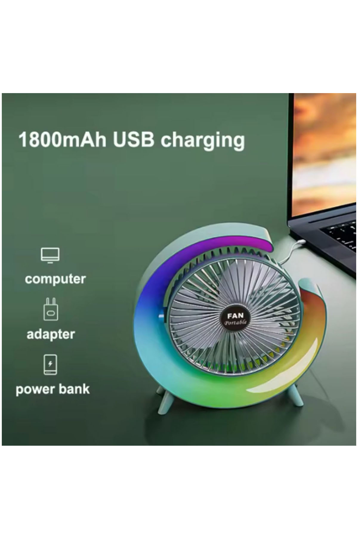 Masaüstü Vantilatör Usb Şarjlı Rgb Led Işıklı 3 Kademeli 180° Ayarlanabilir Soğutucu Fan Mavi
