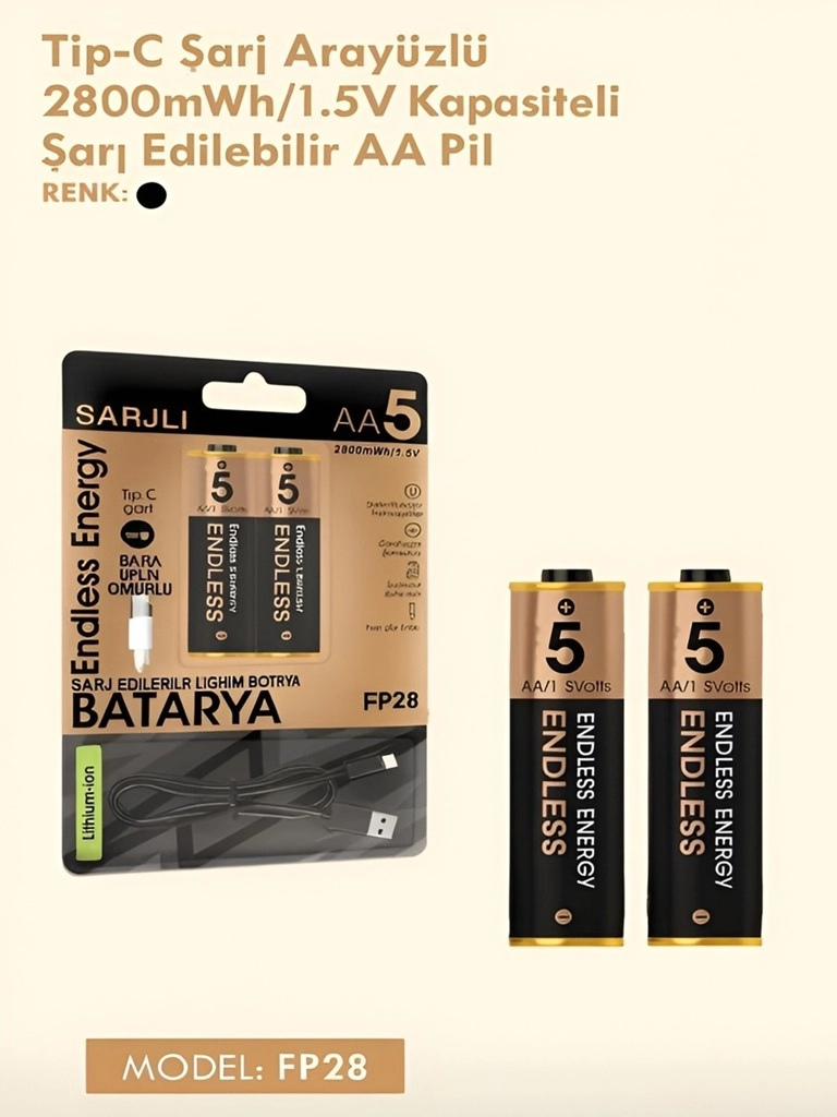 Type-C Şarjlı 2800MWH 1.5V Şarj Edilebilir 2’li AA5 Kalem Pil - Lityum Iyon Batarya 