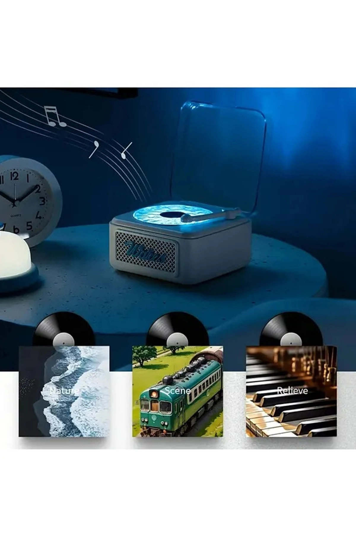 Nostalji Mini Plak Görünümlü Radyolu Bluetooth Hoparlör 3D Ses Dalgası Retro Müzik Plak Beyaz