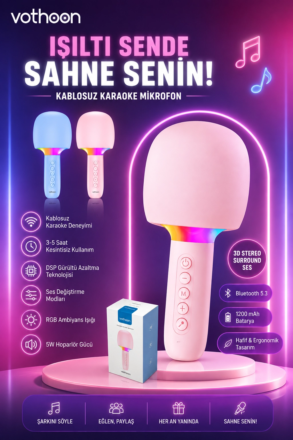 Çocuk ve Yetişkin Karaoke Mikrofonu Kablosuz RGB Ambiyans Işığı Ses Değiştirme Modlu Hoparlör