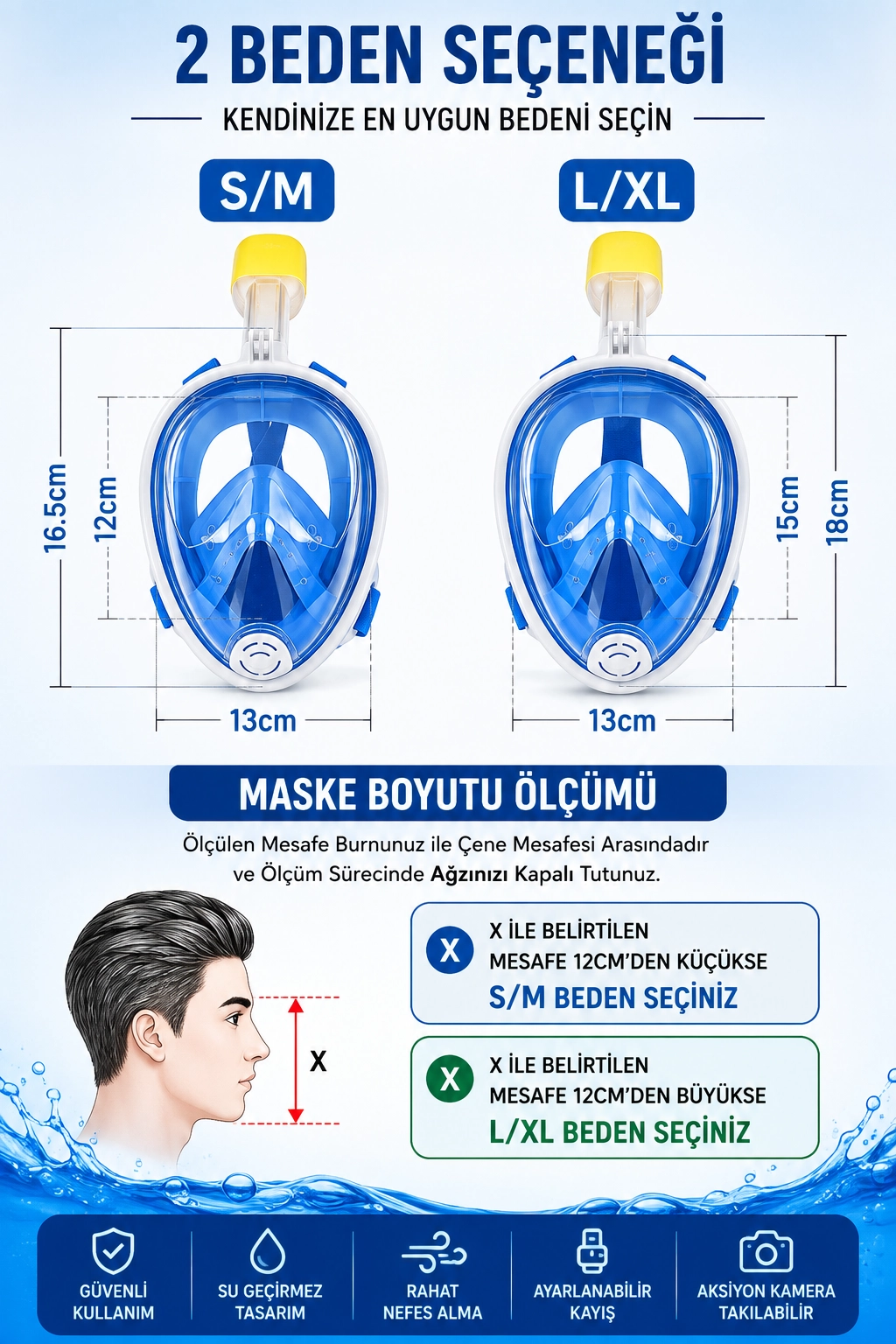 Tam Yüz Şnorkel Maskesi Dalış Maskesi Kadınlar Çocuklar İçin Kulak Tıkacı Hedıye S/M Mavi