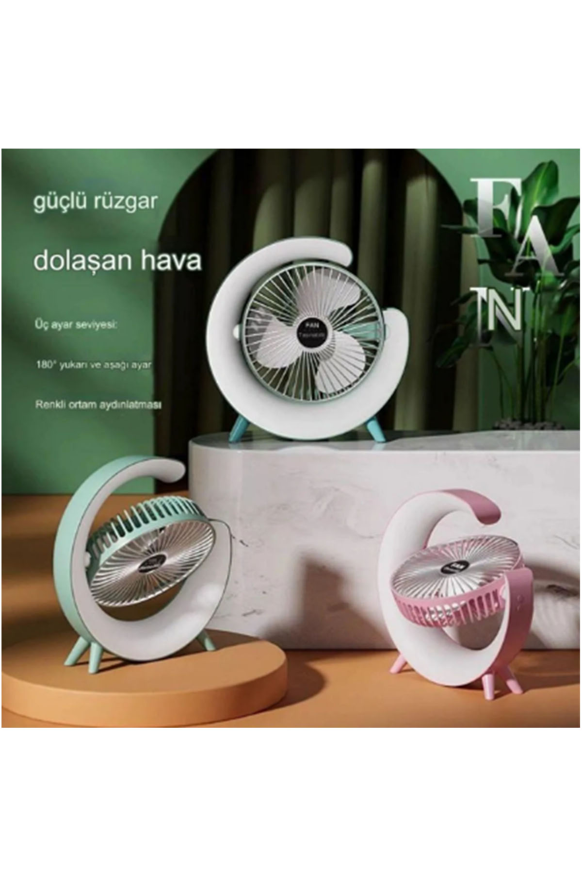 Masaüstü Vantilatör Usb Şarjlı Rgb Led Işıklı 3 Kademeli 180° Ayarlanabilir Soğutucu Fan Mavi