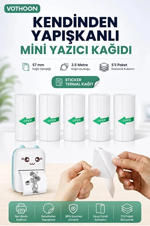 13’lü Mini Yazıcı Termal Rulo Seti Çocuk Kamera Baskı Kağıdı 5 Yapışkanlı 5 Düz Beyaz 3 Renkli