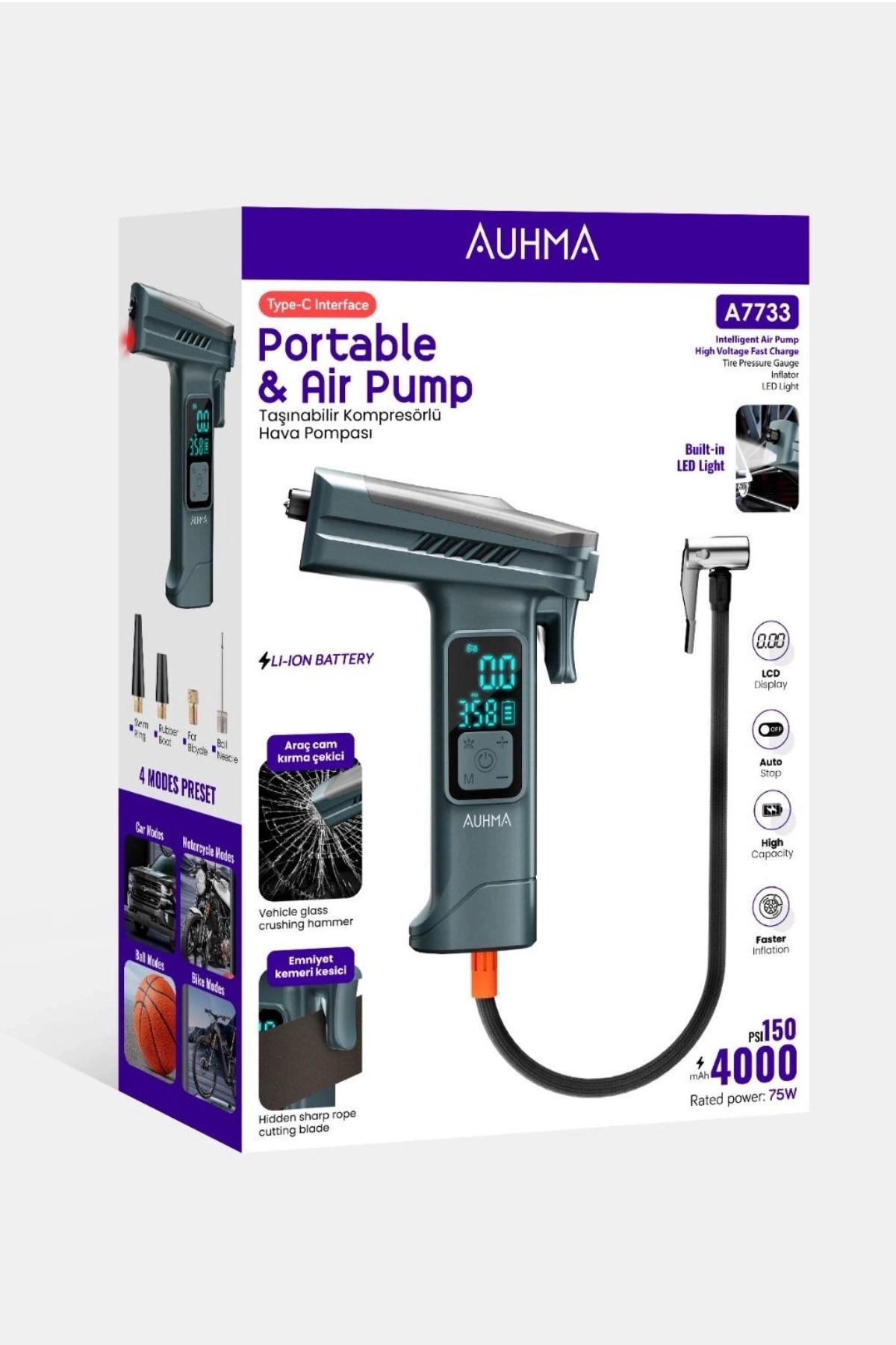 Araba Hava Pompası 4’ü 1 Arada: Kompresör + Cam Kırıcı + Kemer Kesici + LED Işık Şarjlı 4000mAh Araç Kompresörlü