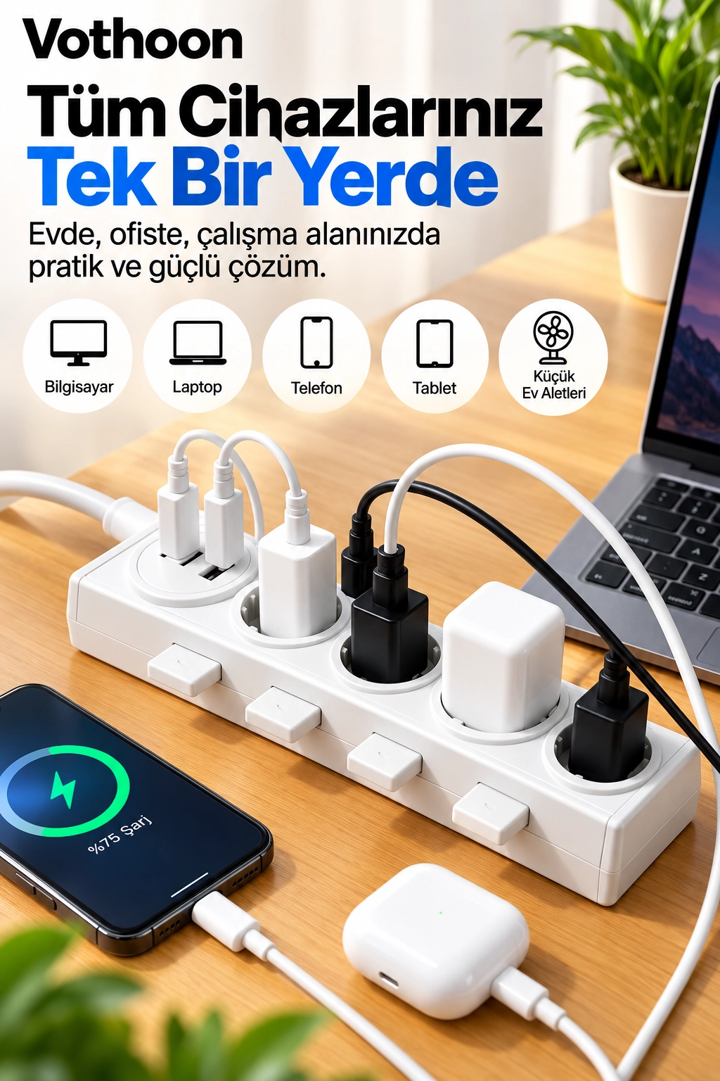Vothoon 4’lü Akıllı Priz Tek Dokunuşla Fiş Çıkarma 2 Metre Kablo 2 Type-C + USB 15W Hızlı Şarj 3680W Krem