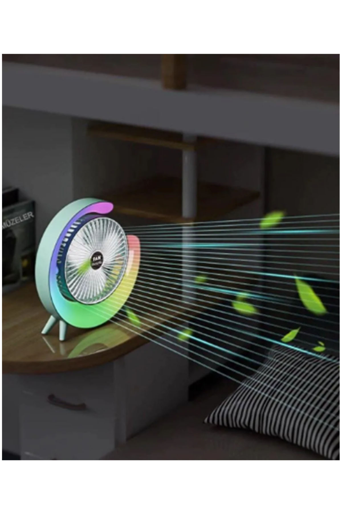 Masaüstü Vantilatör Usb Şarjlı Rgb Led Işıklı 3 Kademeli 180° Ayarlanabilir Soğutucu Fan Pembe