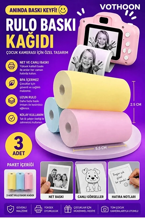 13’lü Mini Yazıcı Termal Rulo Seti Çocuk Kamera Baskı Kağıdı 5 Yapışkanlı 5 Düz Beyaz 3 Renkli