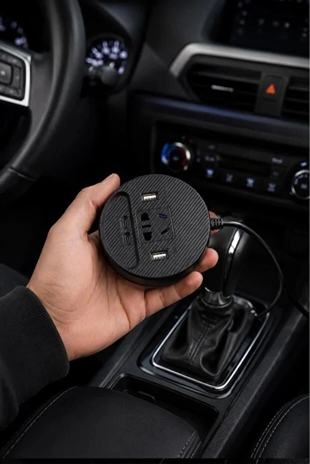 Araç Şarj Aleti Çakmaklık İnvertör & Şarj Cihazı 220V Priz+USB & Type-C Araba Çakmaklık