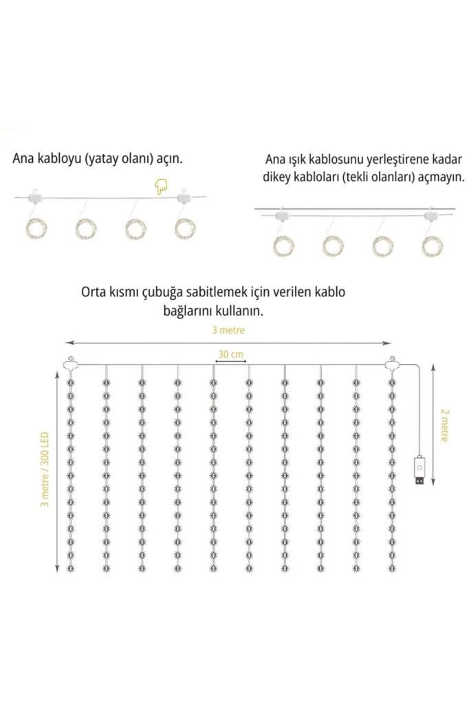 Torima LW-7 300 Ledli 10 Sarkıt Perde Led Işık, 8 Modlu Uzaktan Kumandalı, 3x3 Metre Peri Telli Led