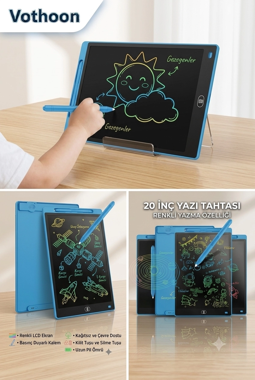  20 Inc Renkli Lcd Grafik Dijital Kalemli Çizim Tableti Yazı Tahta Not Yazma Eğitim Tableti Mavi