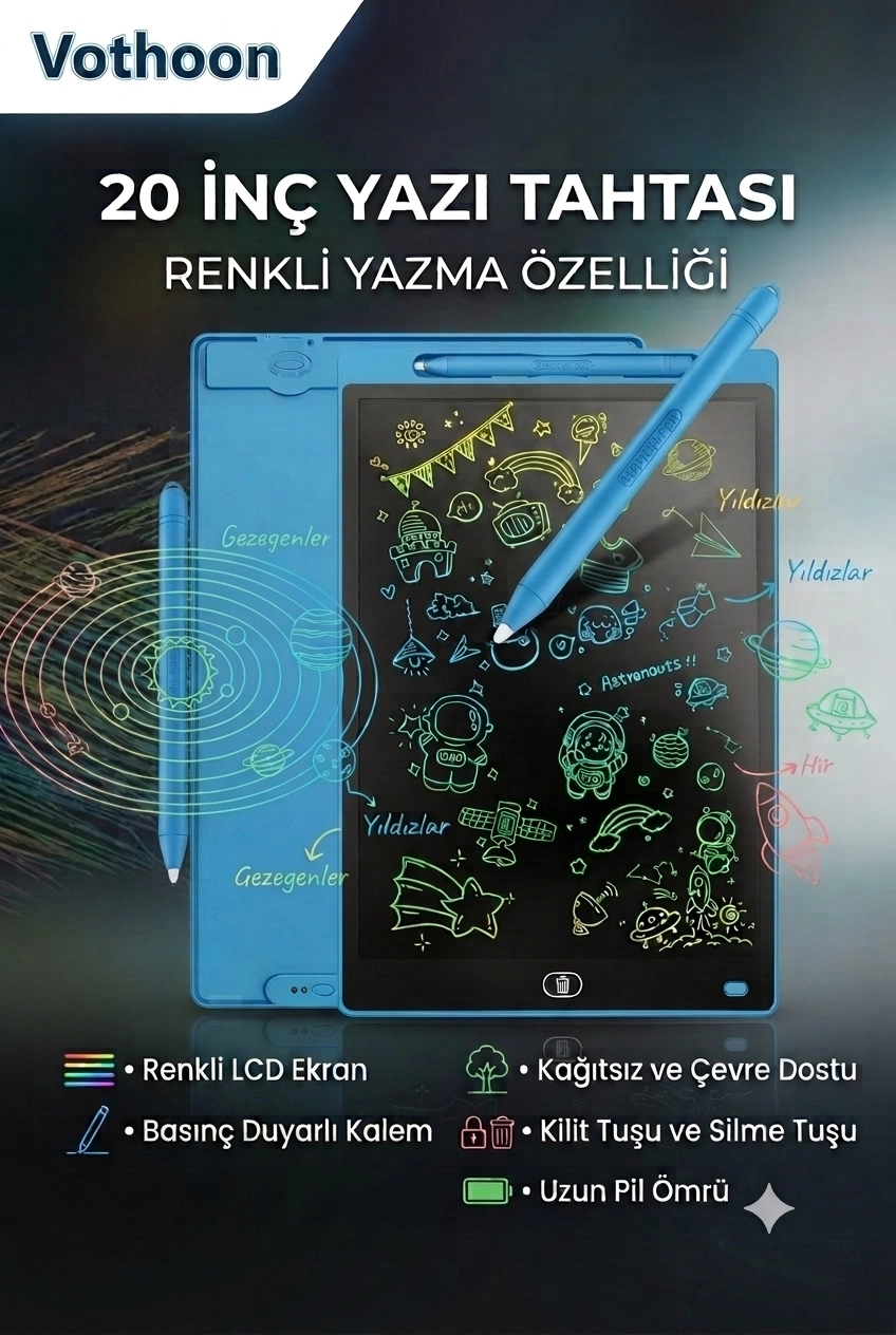  20 Inc Renkli Lcd Grafik Dijital Kalemli Çizim Tableti Yazı Tahta Not Yazma Eğitim Tableti Mavi
