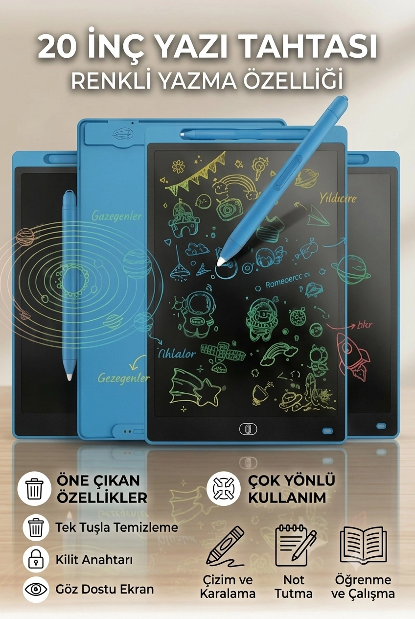 20 Inc Renkli Lcd Grafik Dijital Kalemli Çizim Tableti Yazı Tahta Not Yazma Eğitim Tableti Mavi