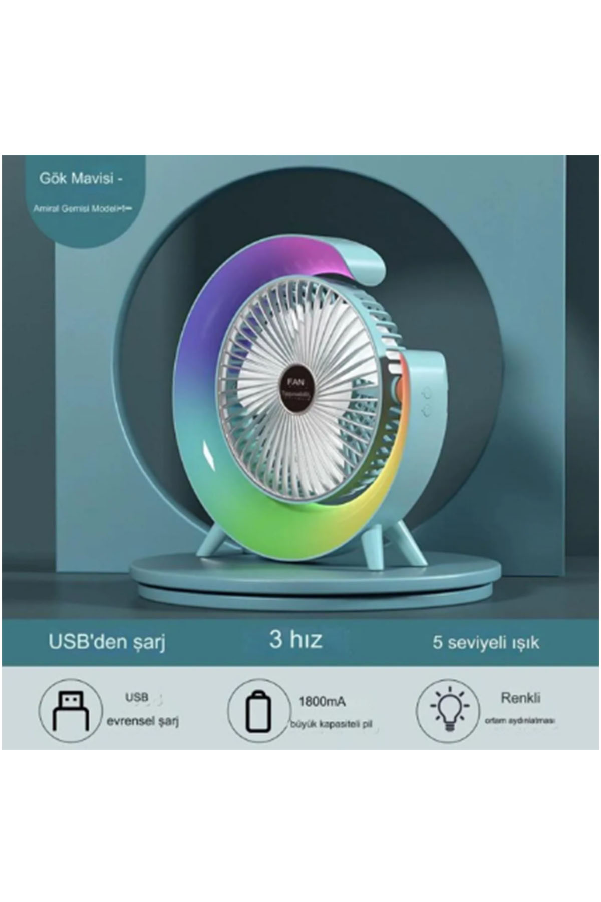 Masaüstü Vantilatör Usb Şarjlı Rgb Led Işıklı 3 Kademeli 180° Ayarlanabilir Soğutucu Fan Yeşil