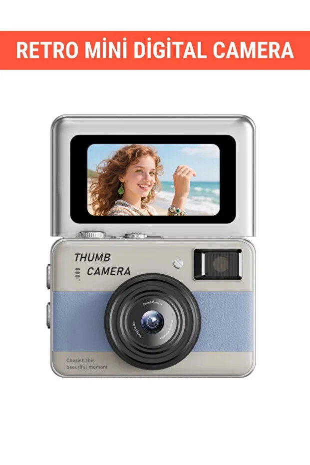 Retro Mini Dijital Kamera 1080P 1.47 İnç Flip Ekranlı Flaşlı Selfie Vlog Kamerası 4GB SD Hediyeli Mavi