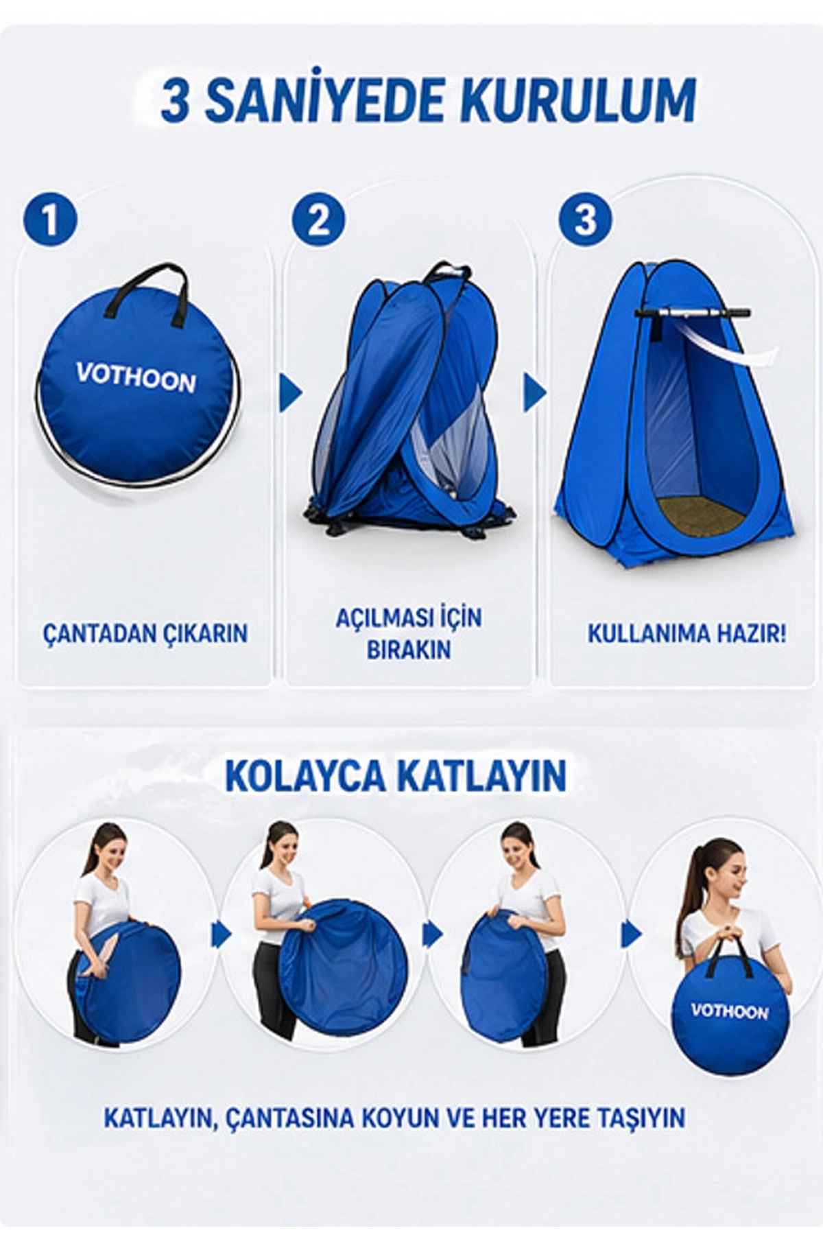 Otomatik Kabin Giyinme Çadırı 120x120x190 cm Üst Havalandırma Yan Pencereli Duş & WC Çadırı mavi