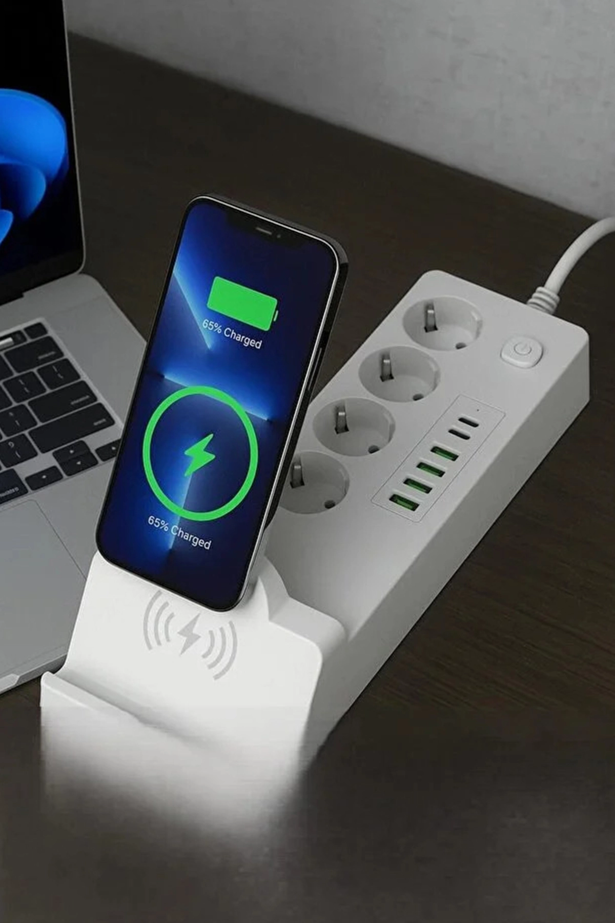 Akım Korumalı Kablosuz Şarjlı Masaüstü Priz | 4 Priz, 4 USB, 2 Type-C