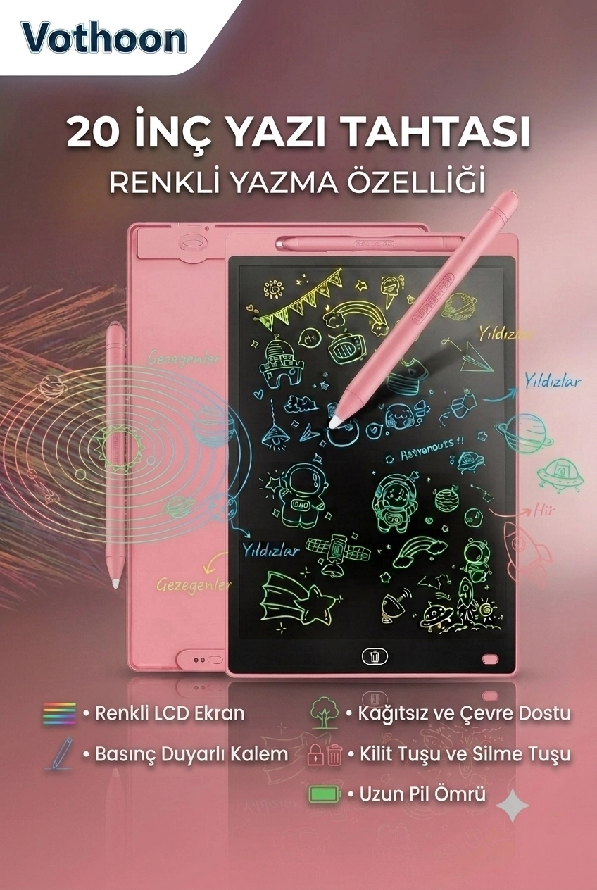  20 Inc Renkli Lcd Grafik Dijital Kalemli Çizim Tableti Yazı Tahta Not Yazma Eğitim Tableti Pembe