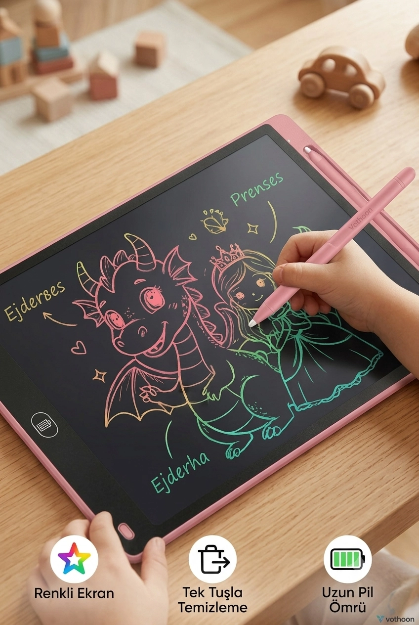  20 Inc Renkli Lcd Grafik Dijital Kalemli Çizim Tableti Yazı Tahta Not Yazma Eğitim Tableti Pembe