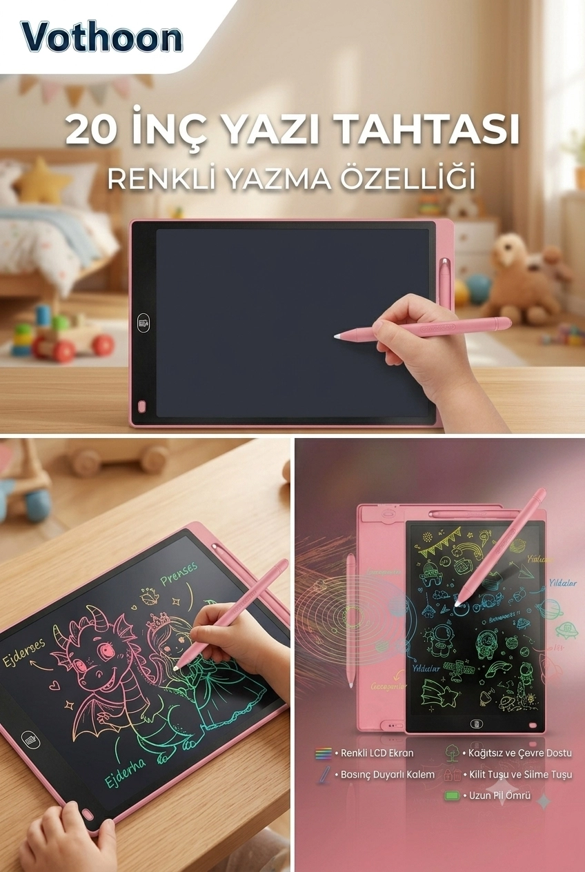  20 Inc Renkli Lcd Grafik Dijital Kalemli Çizim Tableti Yazı Tahta Not Yazma Eğitim Tableti Pembe