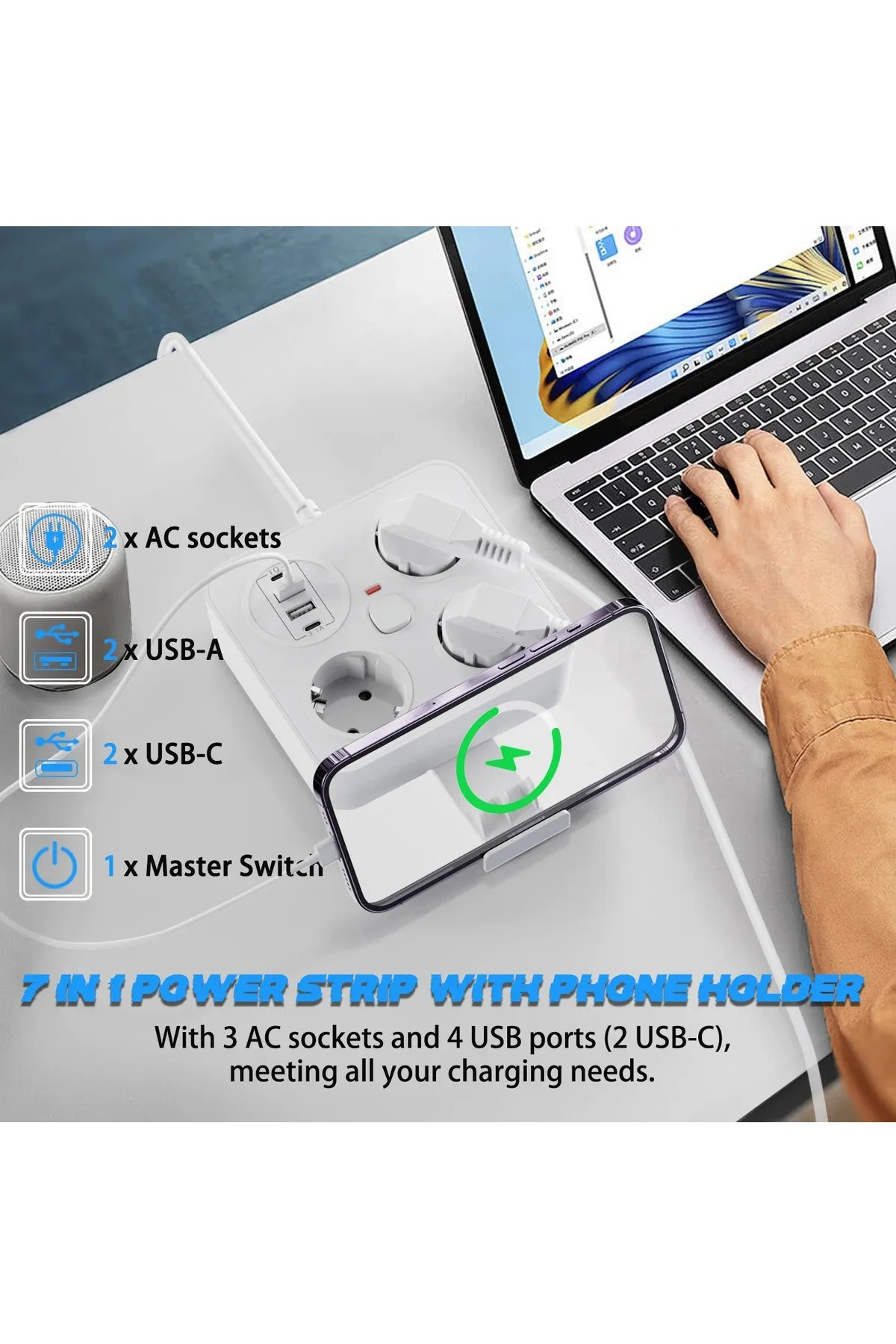 Akım Korumalı Anahtarlı Priz - 3X Priz - 2X Usb - 2X Type-C - 2 mt Kablo Hızlı Şarj Özellikli Siyah