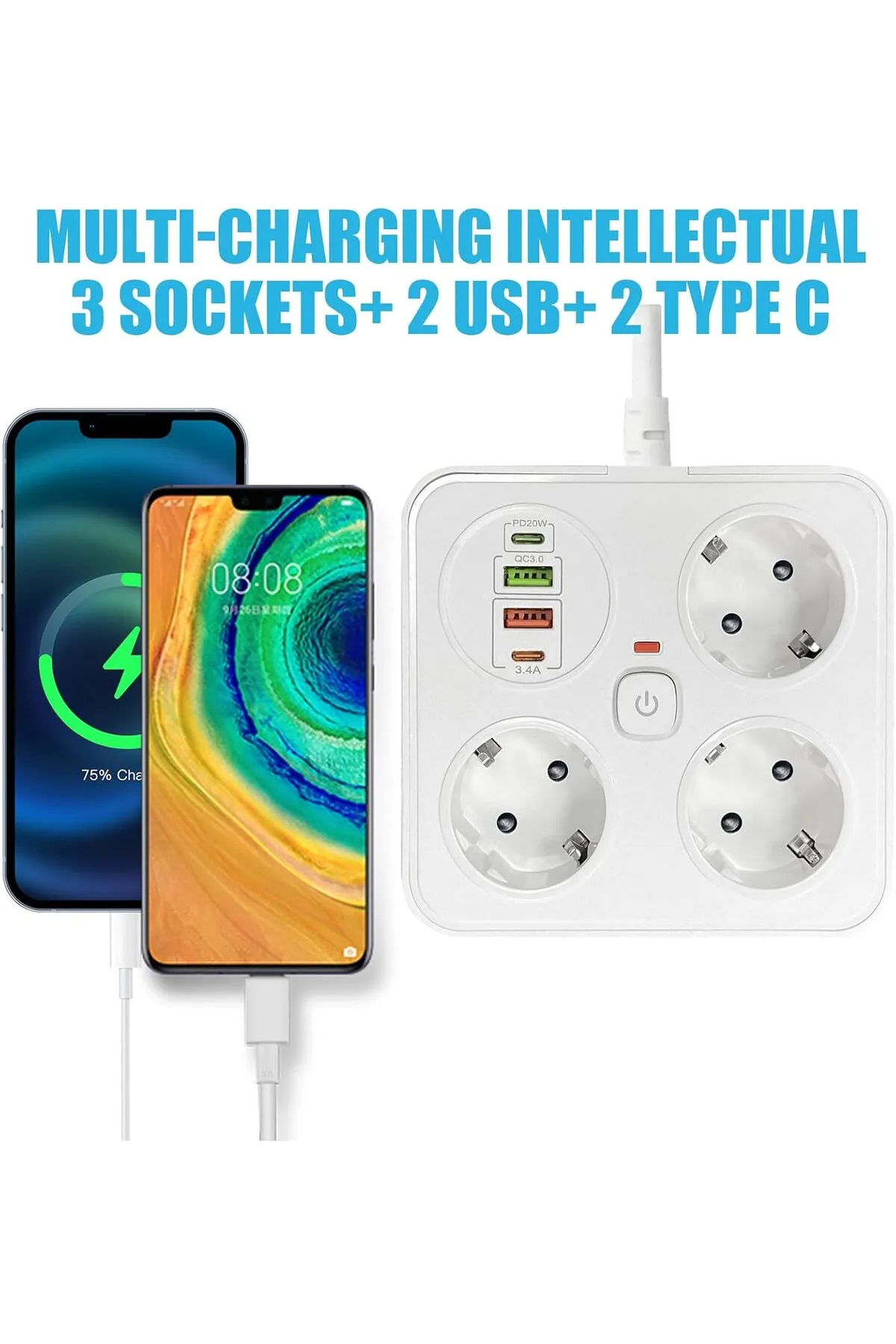 Akım Korumalı Anahtarlı Priz - 3X Priz - 2X Usb - 2X Type-C - 2 mt Kablo Hızlı Şarj Özellikli Siyah