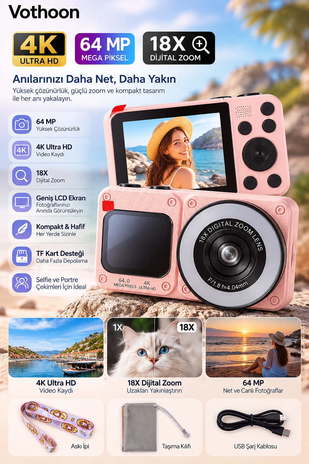 4K Dijital Fotoğraf Makinesi 18X Dijital Zoom 64 MP Ön ve Arka Ekranlı Kompakt Kamera Pembe 