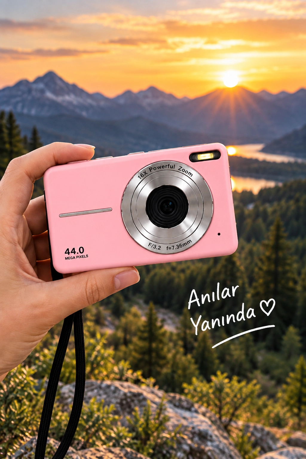 4K Figürlü Çantalı Dijital Video Kamera 44MP 16X Zoom Işıklı Kart Dijital Fotoğraf Makinesi 64gb Hafıza Kart Hediyeli pembe