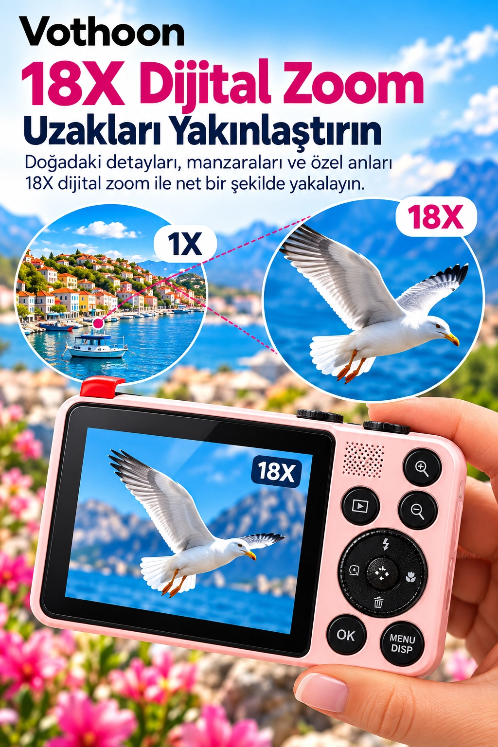 4K Dijital Fotoğraf Makinesi 18X Dijital Zoom 64 MP Ön ve Arka Ekranlı Kompakt Kamera Pembe 